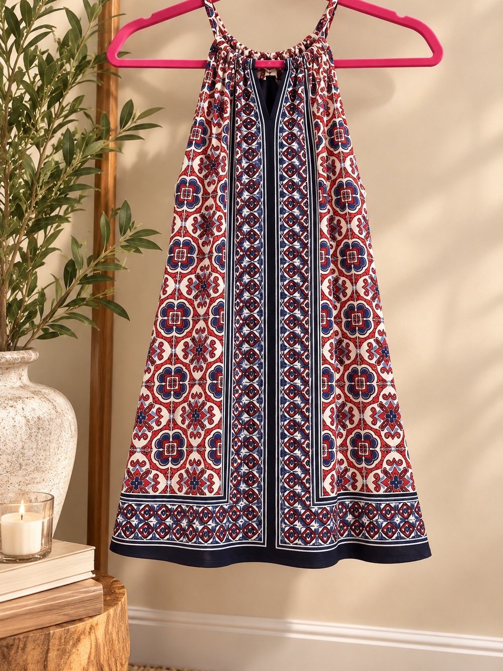 Max Studio Boho Red Navy Print Halter Mini Dress Size S